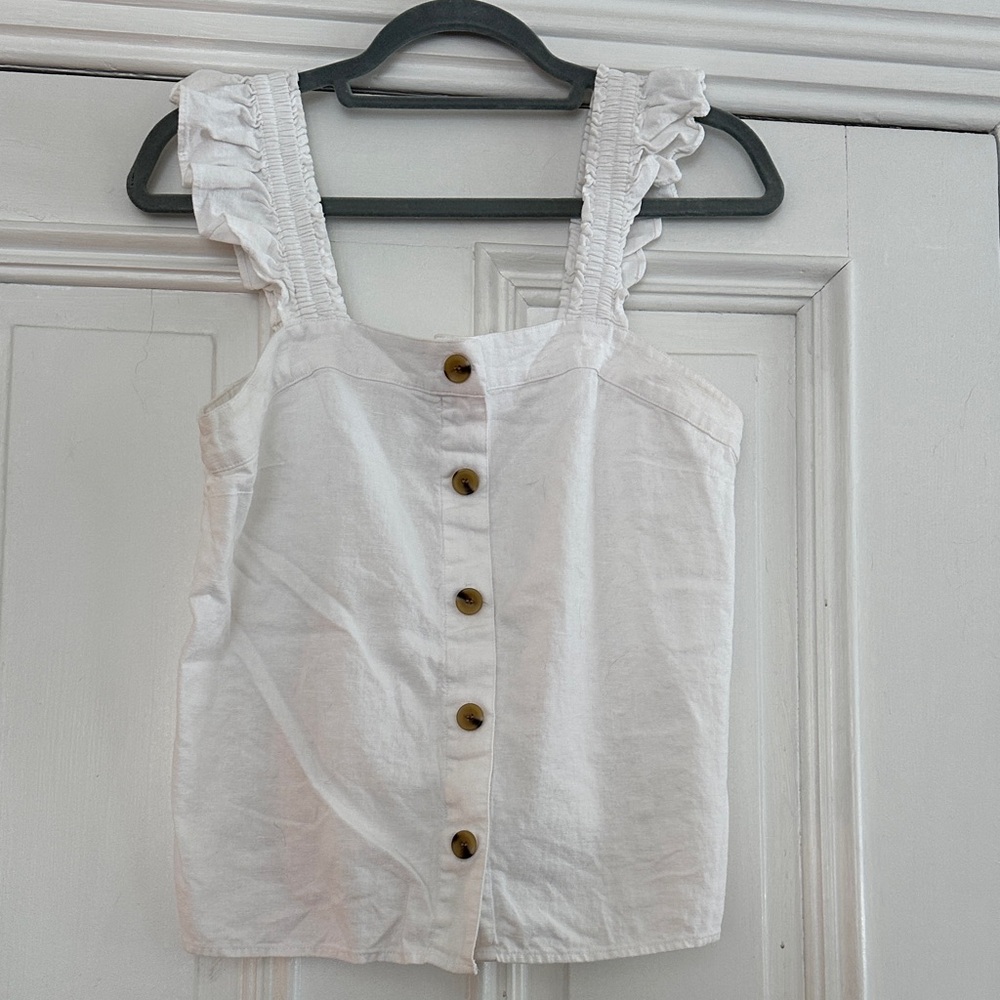 J. Crew White Ruffle Strap Button Tank Top